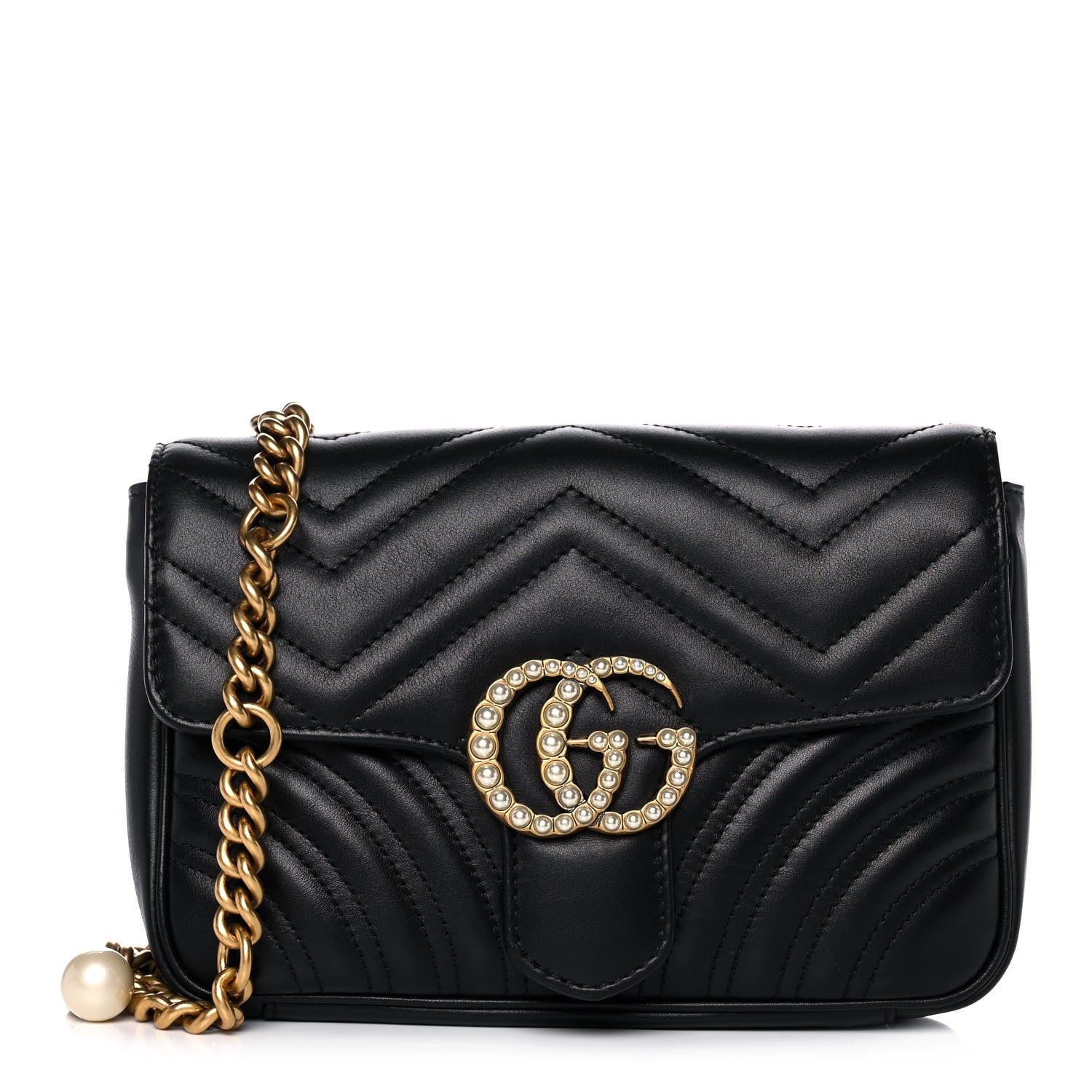 Gucci Calfskin Matelasse Pearly GG Marmont Chain Belt Bag Black 1 of 14
