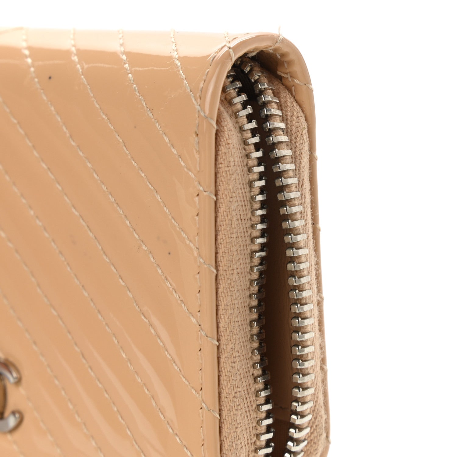 Chanel Patent Chevron Quilted Zip Around Coin Purse Beige 8 of 9