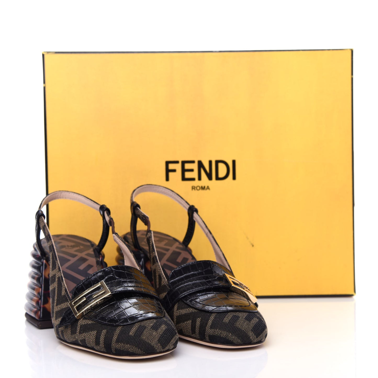 Jacquard Calfskin FF Tortoise Promenade Slingback Loafer Pumps 35.5 Tobacco