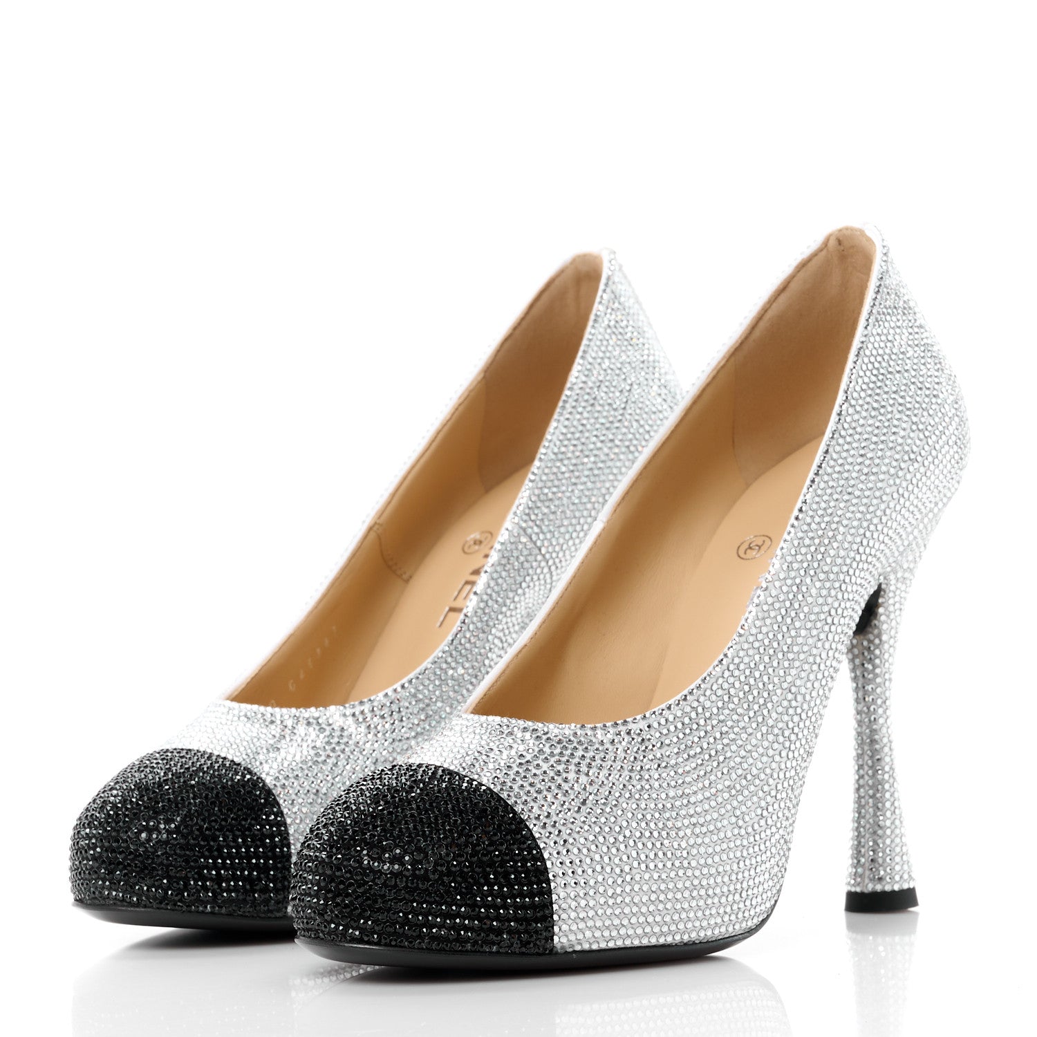 Chanel Strass Cap Toe Pumps 38 Silver Black 3 of 8