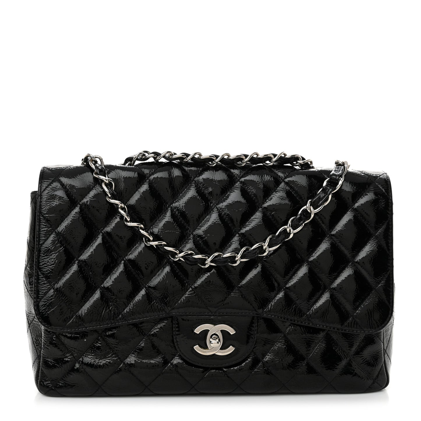 Crinkled Patent Quilted Jumbo Single Flap Black