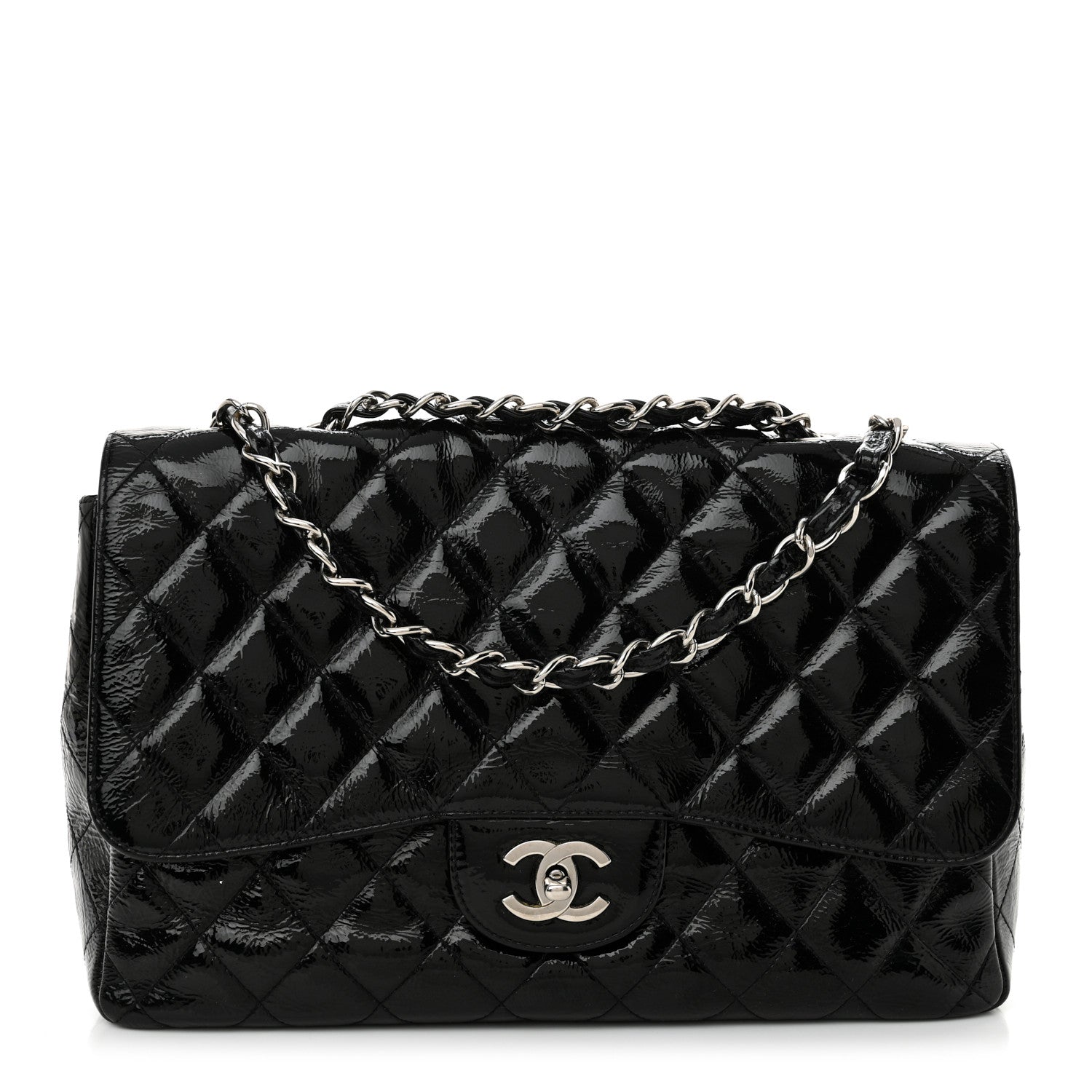 Chanel Crinkled Patent Quilted Jumbo Single Flap Black 1 of 12