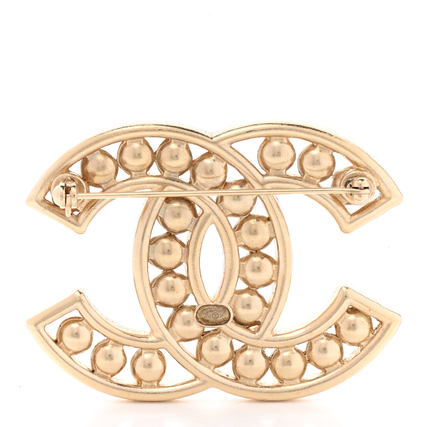 Pearl Crystal Baguette CC Brooch Gold