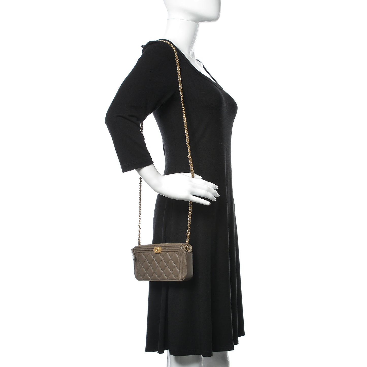 Calfskin Quilted Small Boy Clutch With Chain Khaki