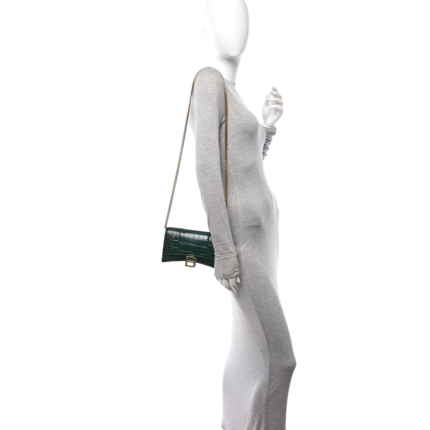 Shiny Calfskin Crocodile Embossed Hourglass Chain Bag Forest Green