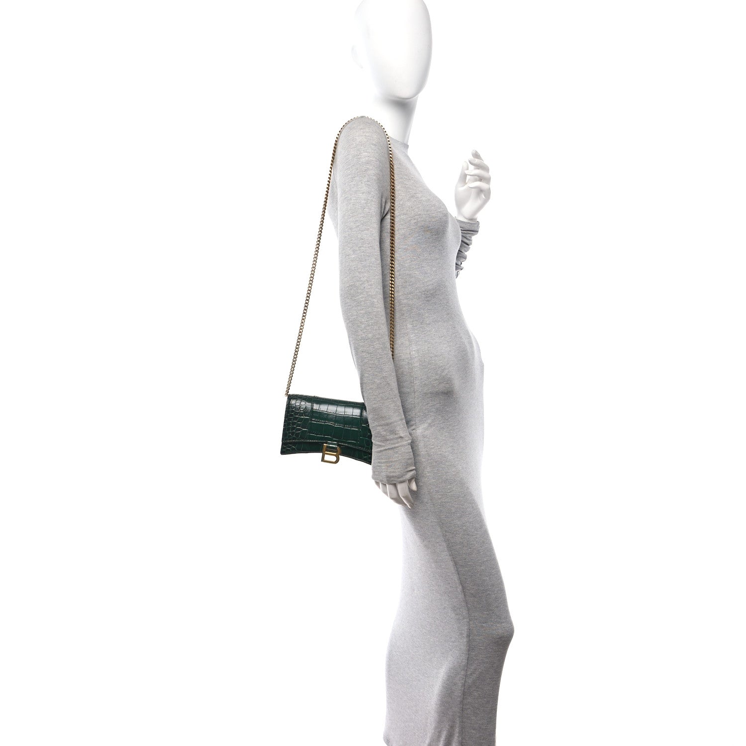 Balenciaga Shiny Calfskin Crocodile Embossed Hourglass Chain Bag Forest Green 2 of 11