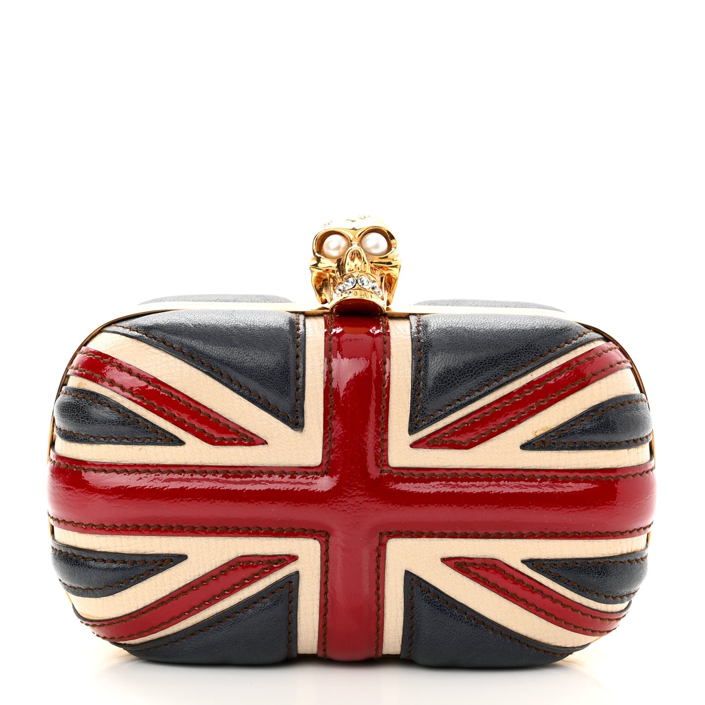 Patent Calfskin Britannia Skull Box Clutch Red Blue