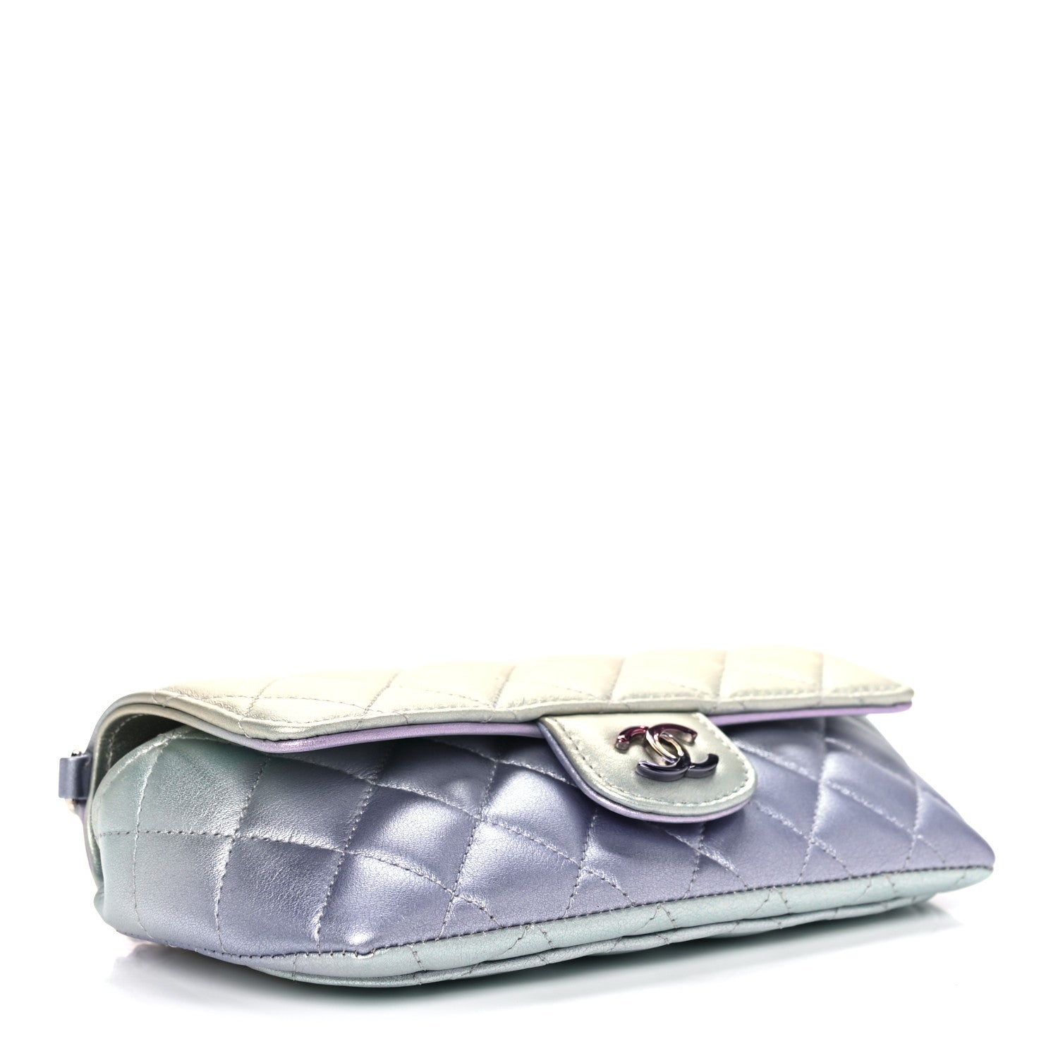 Chanel Gradient Metallic Calfskin Quilted Glasses Case With Chain Silver Blue Yellow Purple 3 of 8