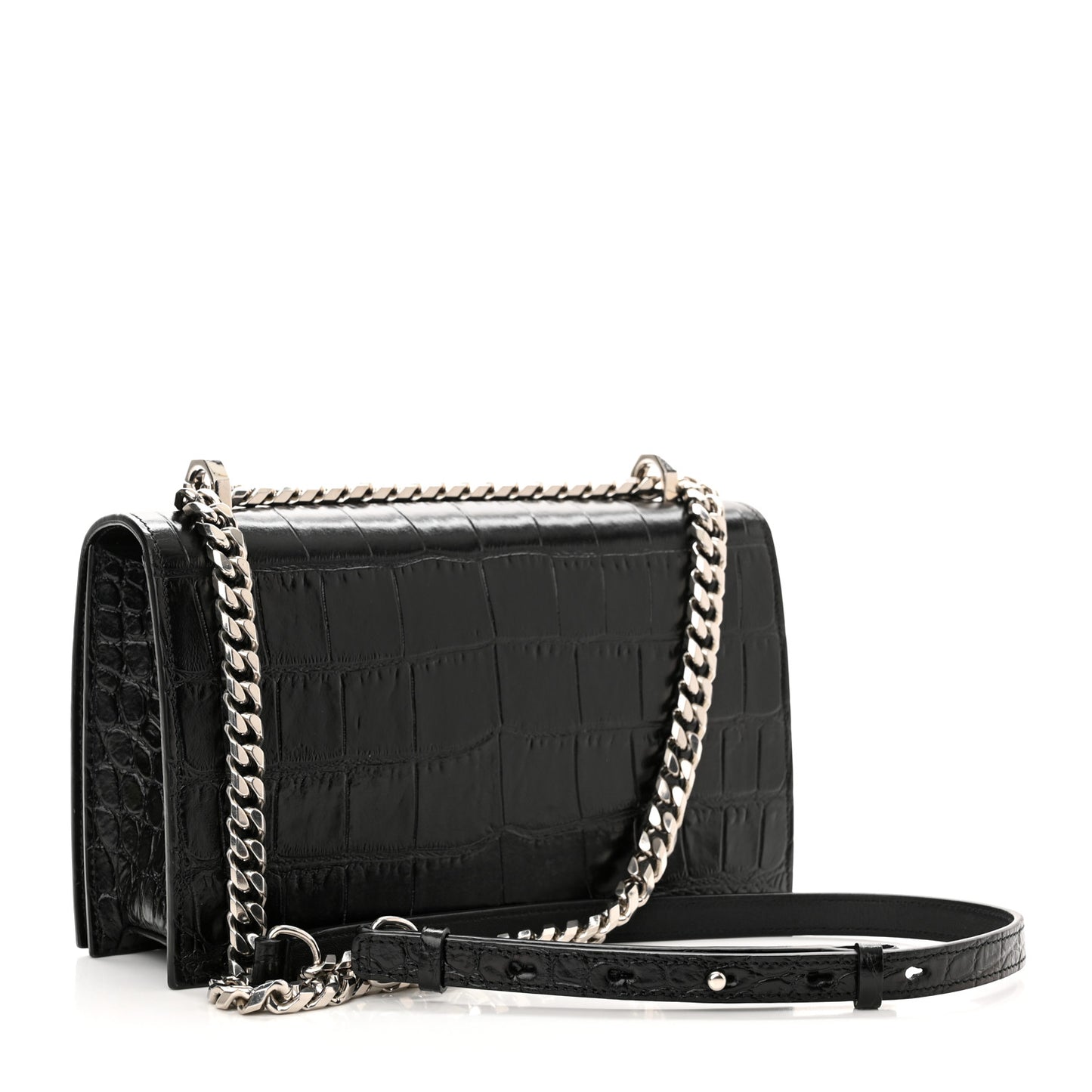 Shiny Crocodile Embossed Jeweled Satchel Black