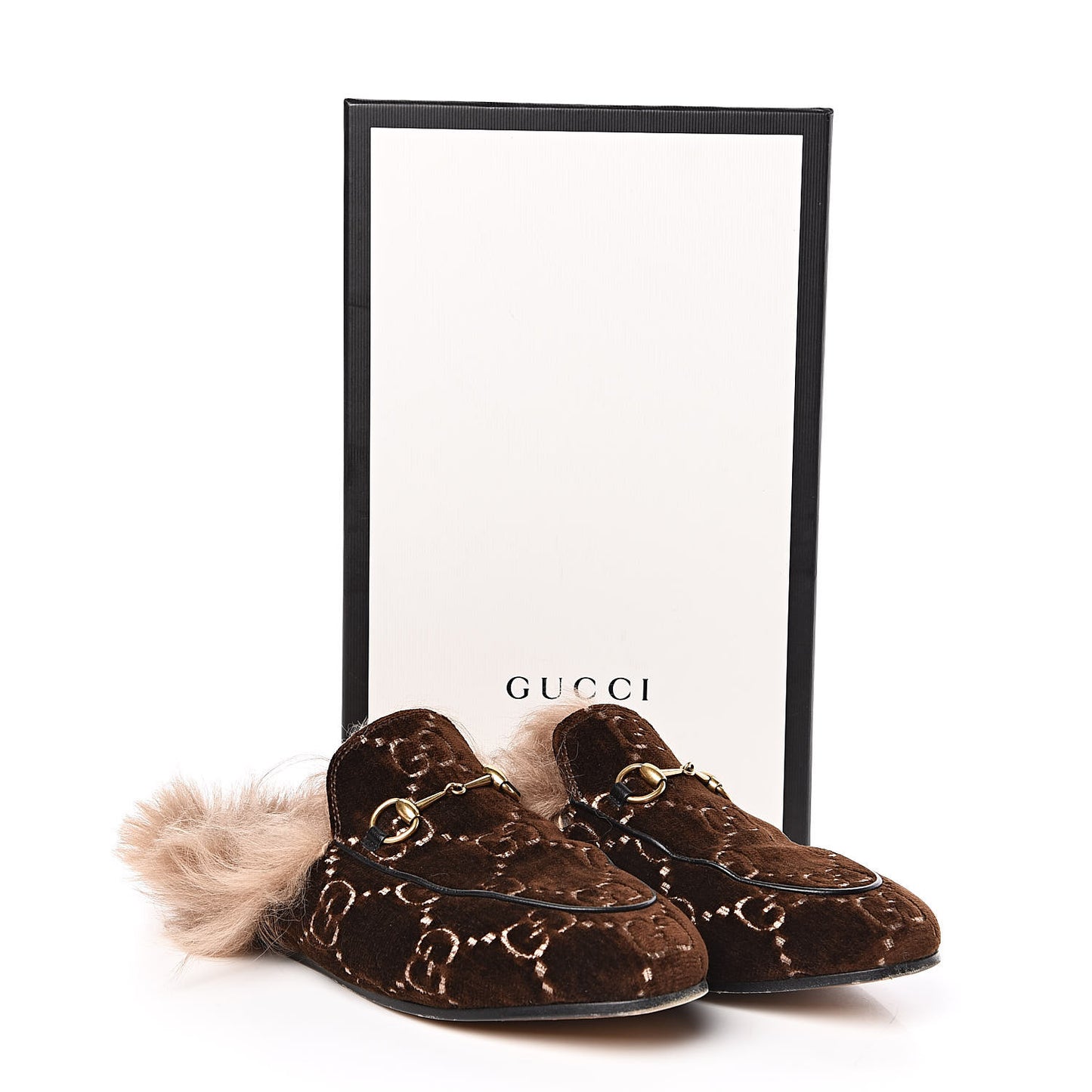 Velvet GG Monogram Fur Womens Princetown Slippers 38.5 Brown Black Natural