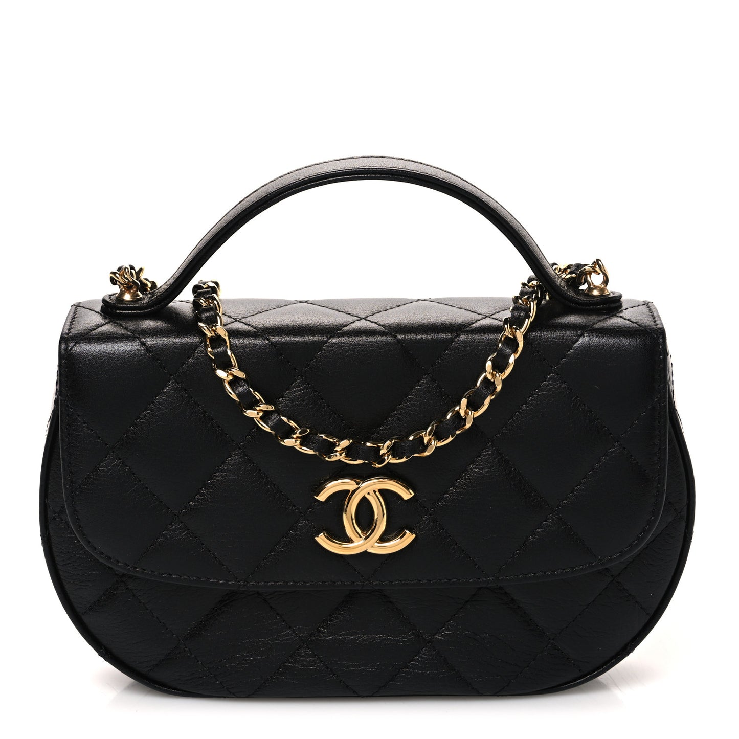 Shiny Aged Calfskin Quilted Top Handle Clutch With Chain Black