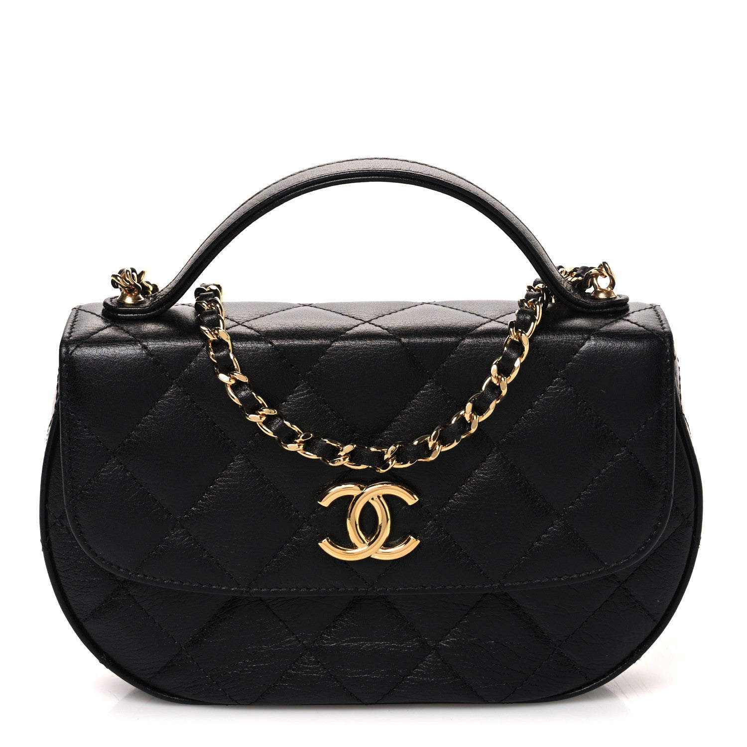 Chanel Shiny Aged Calfskin Quilted Top Handle Clutch With Chain Black 1 of 10