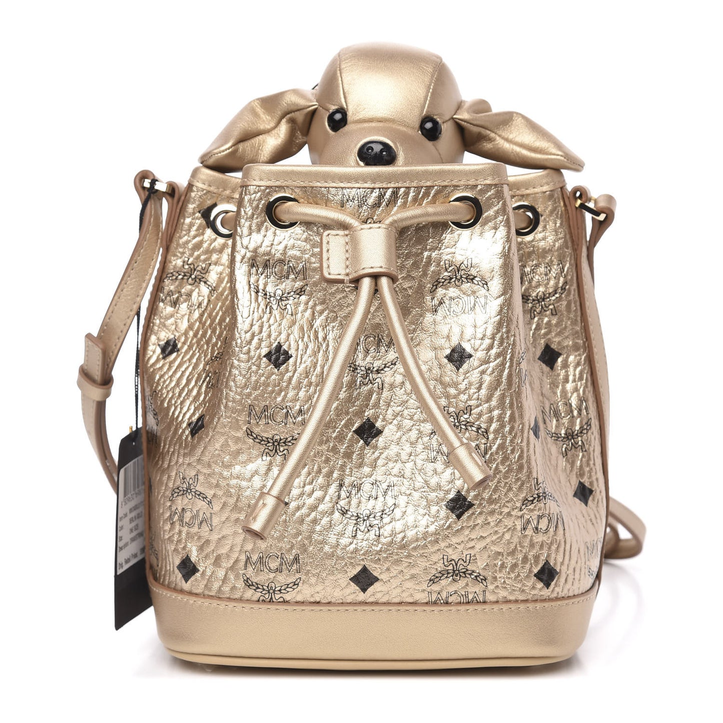 Metallic Visetos Zoo Dog Drawstring Bucket Bag Gold