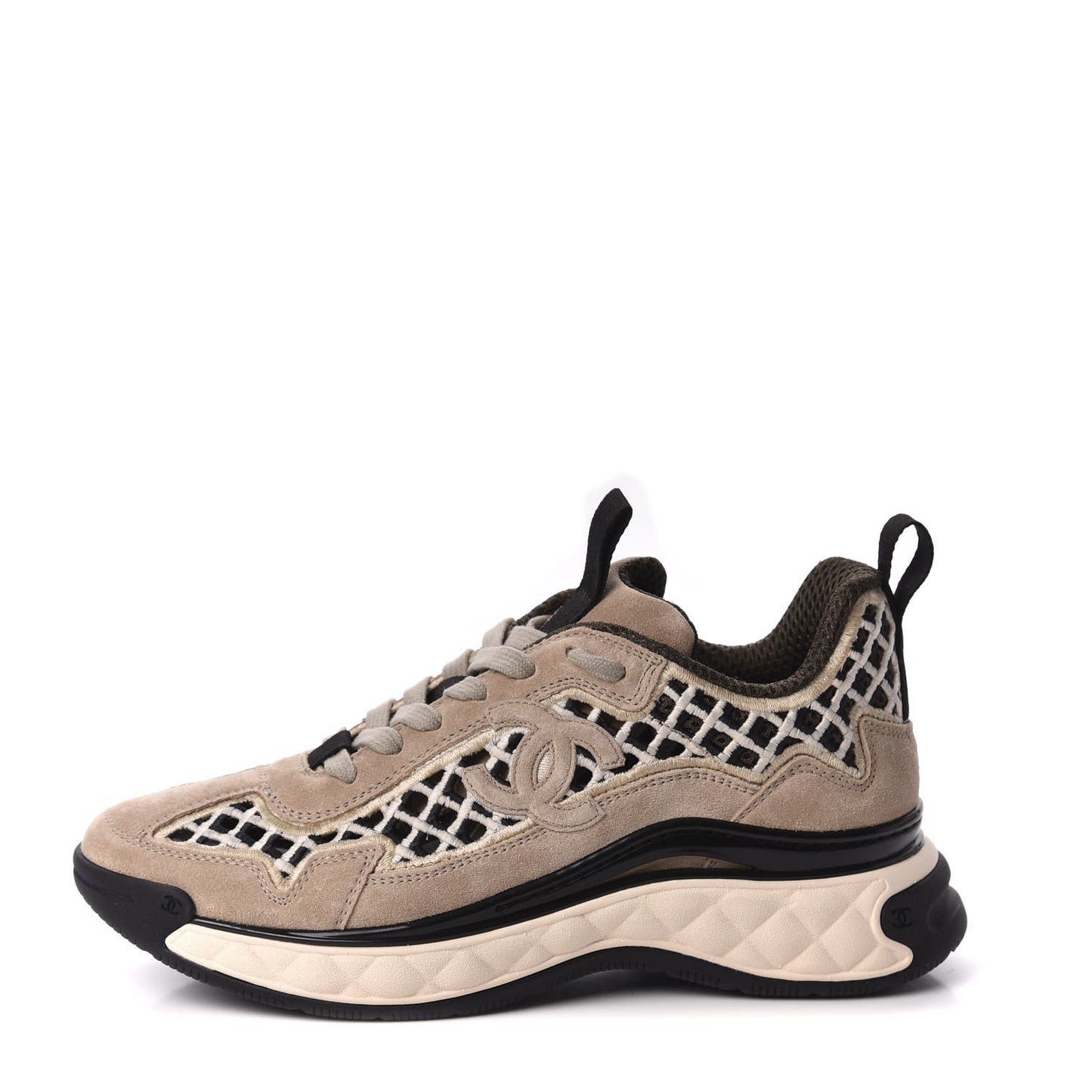 Suede Calfskin Embroidered CC Sneakers 36.5 Beige Black