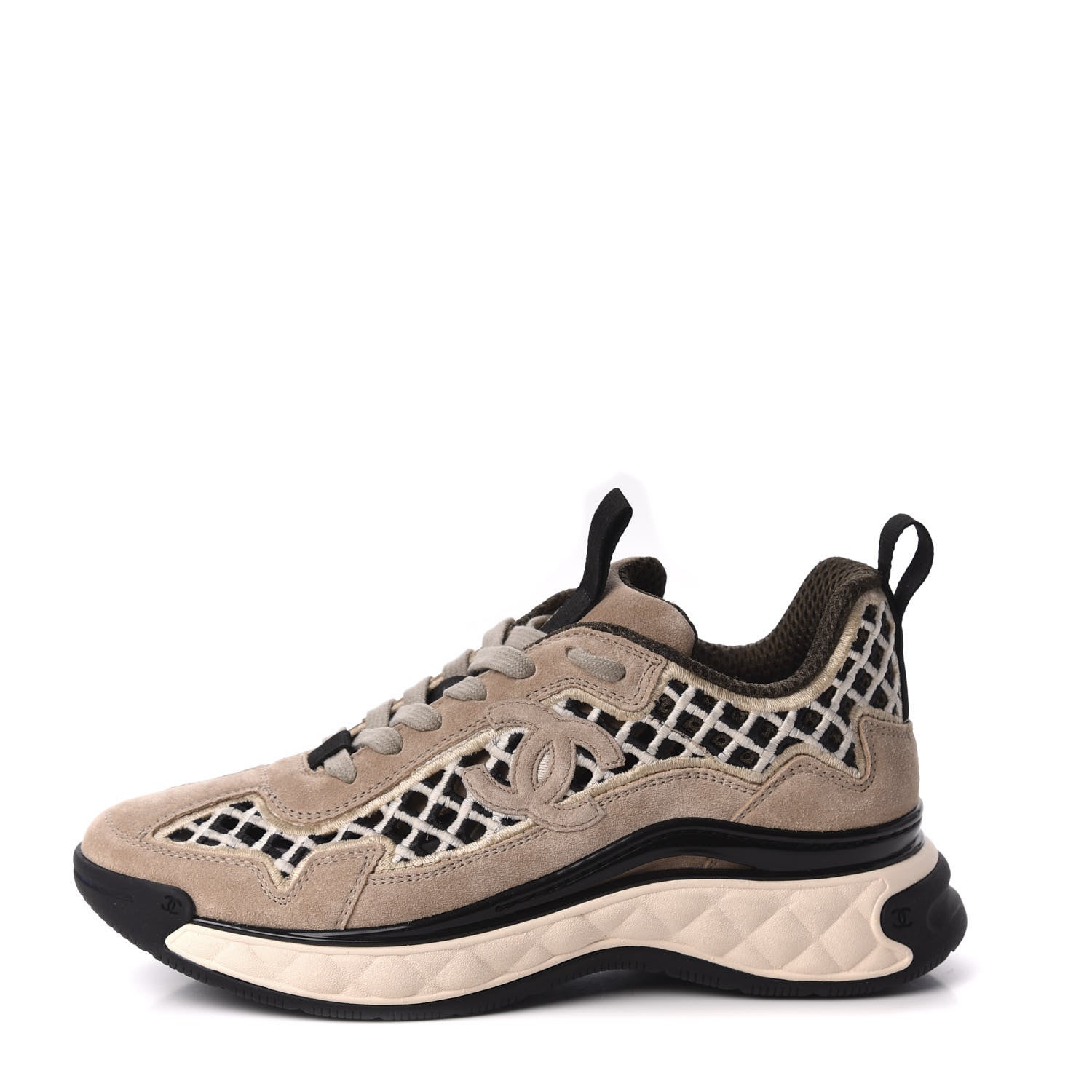 Chanel Suede Calfskin Embroidered CC Sneakers 36.5 Beige Black 1 of 11
