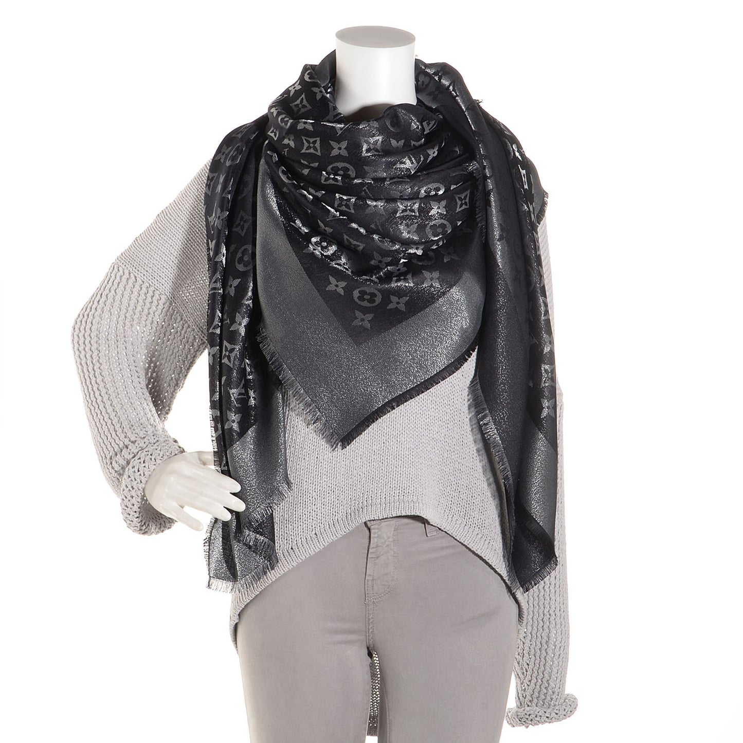 Silk Lurex Wool Monogram Shine Shawl Black