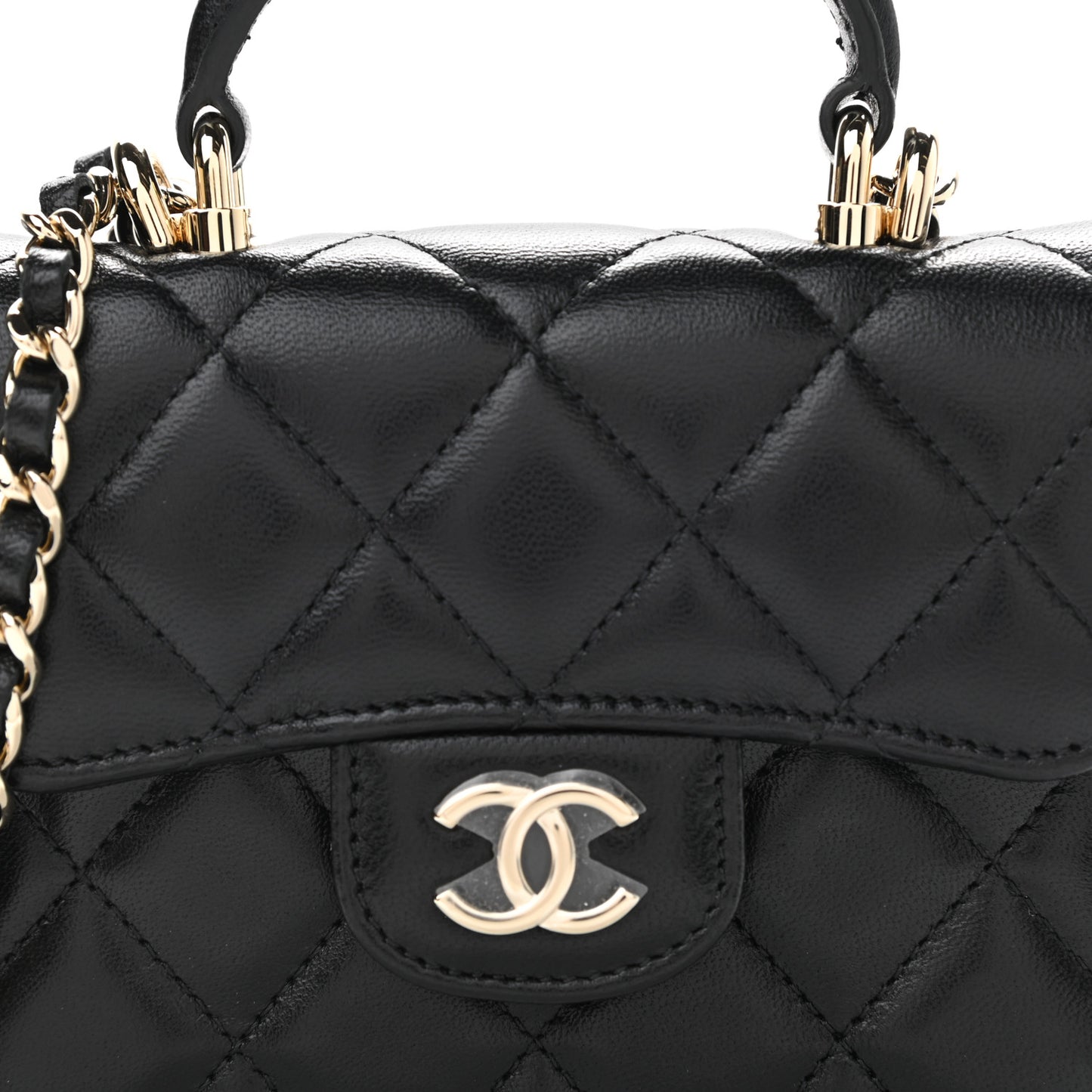 Lambskin Quilted Top Handle Flap Coin Purse With Chain Black