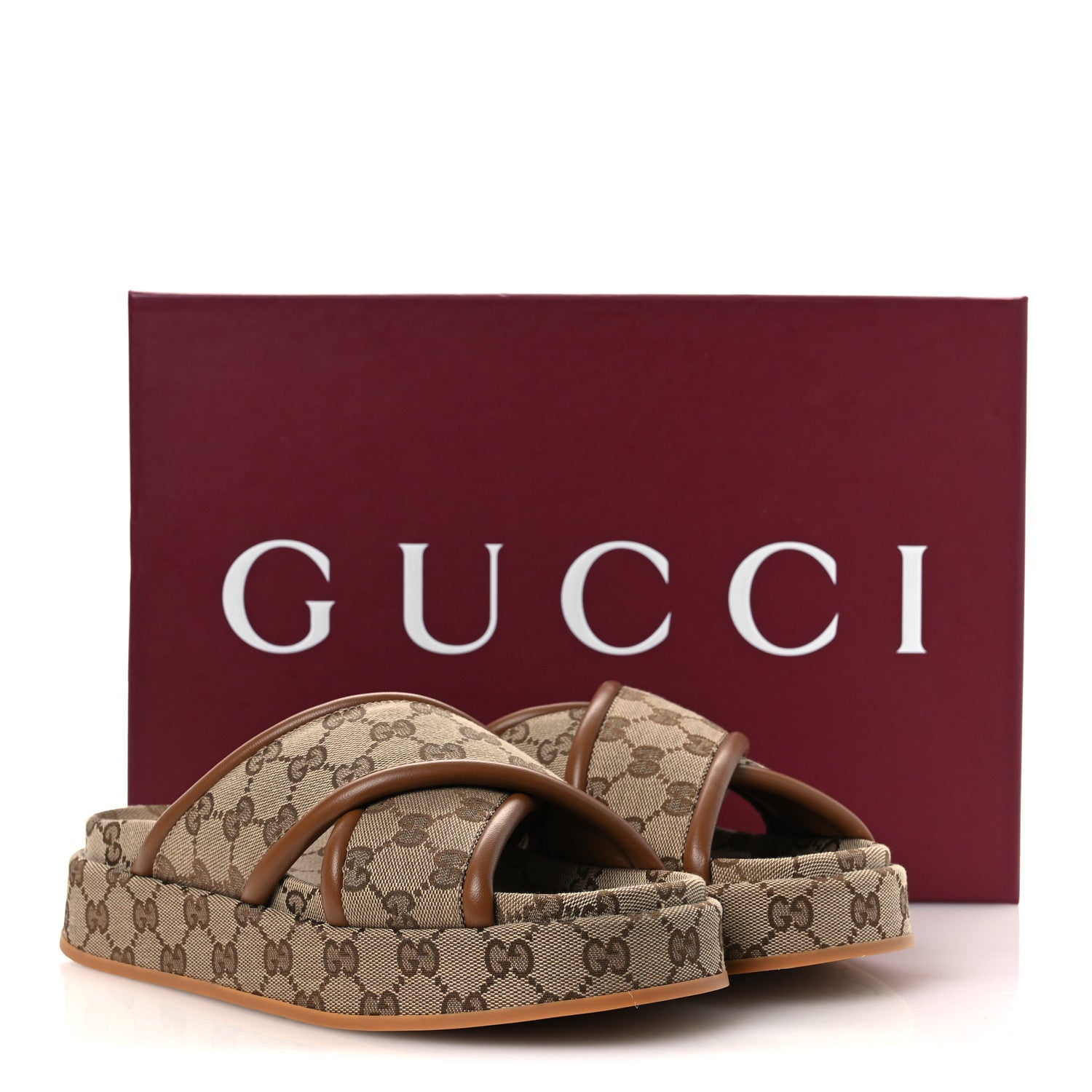 Gucci Monogram GG Calfskin Angelina Platform 55mm Slide Sandals 38.5 Camel Ebony 11 of 11