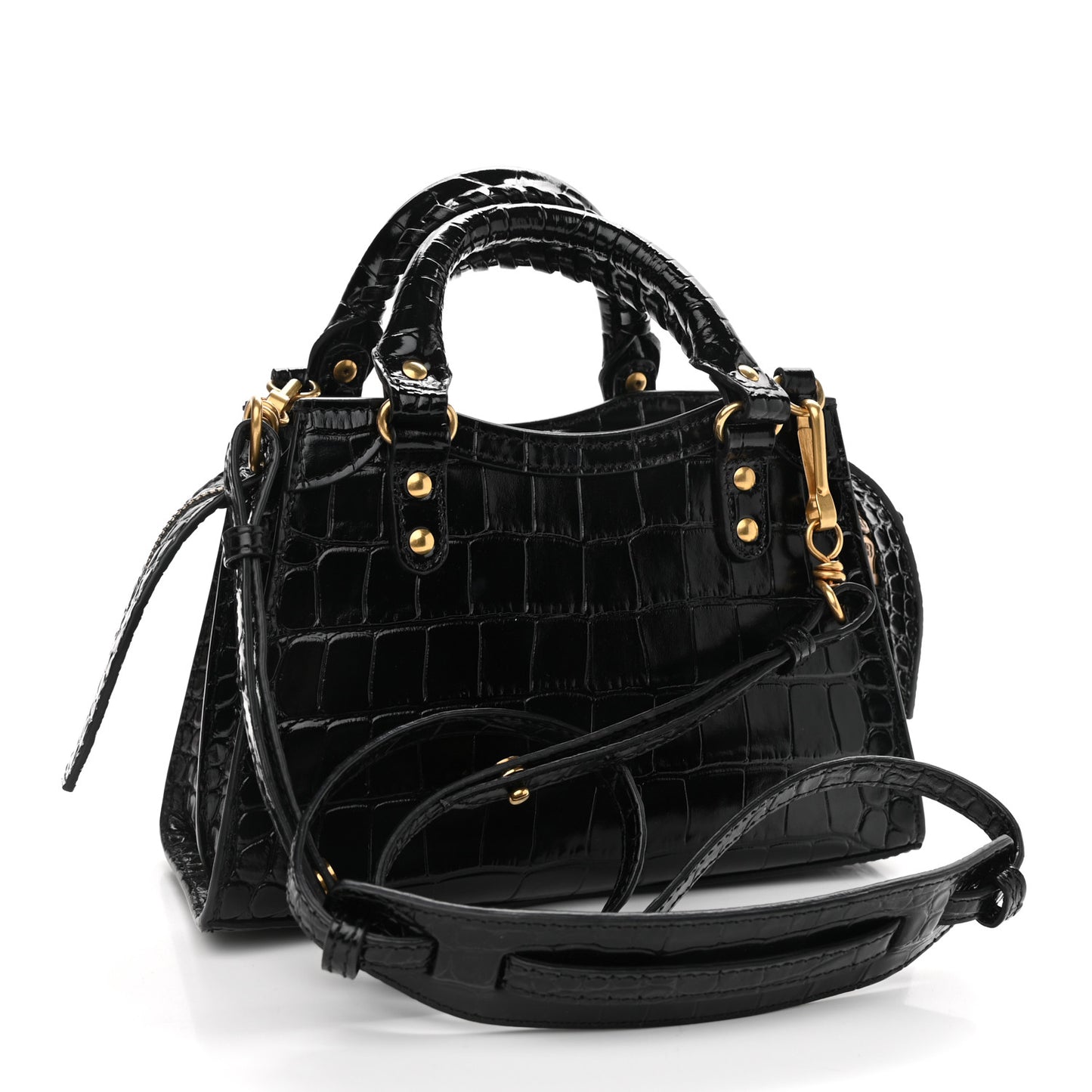 Shiny Supple Calfskin Crocodile Embossed Neo Classic Gold Hardware Mini City Black