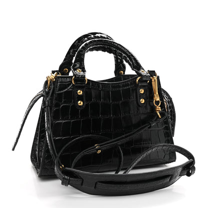 Balenciaga Shiny Supple Calfskin Crocodile Embossed Neo Classic Gold Hardware Mini City Black 3 of 9
