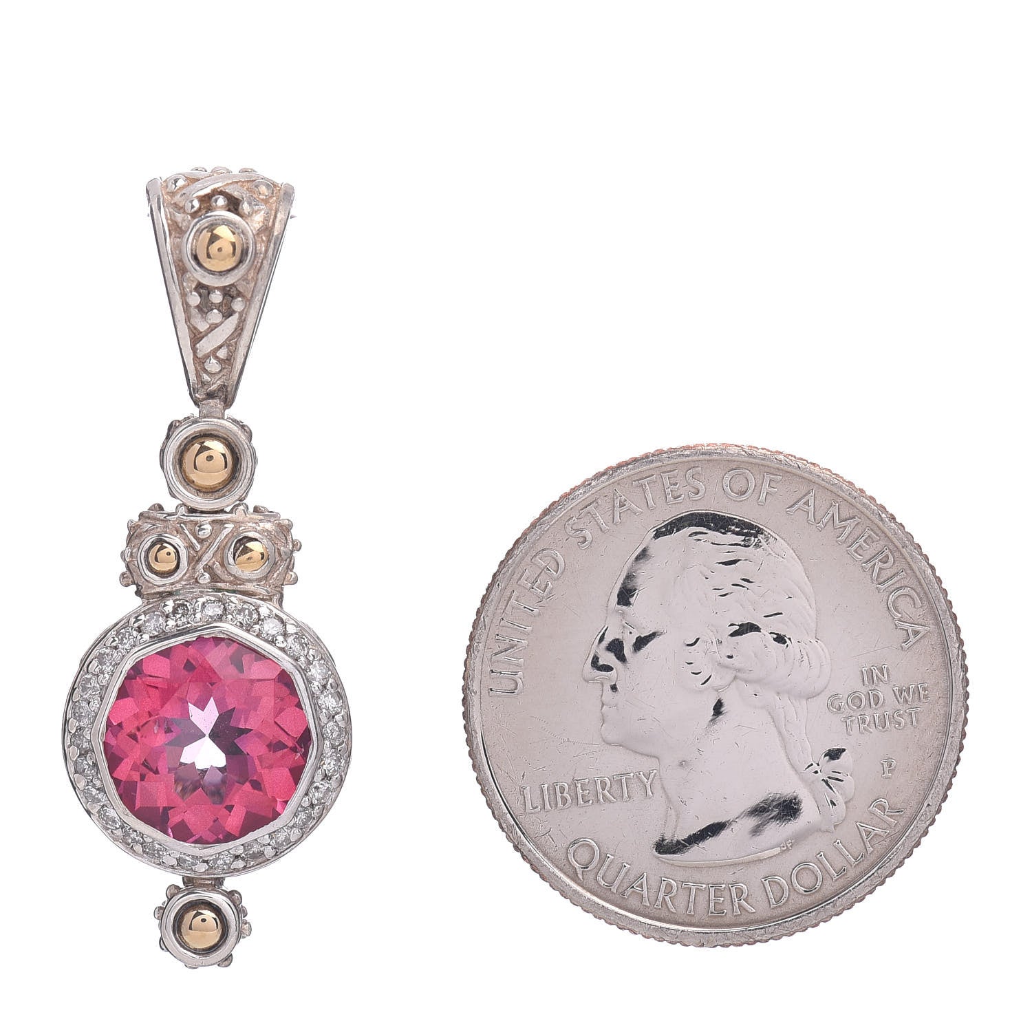 John Hardy Sterling Silver 18K Yellow Gold Pink Topaz Diamond Batu Sari Pendant 2 of 4