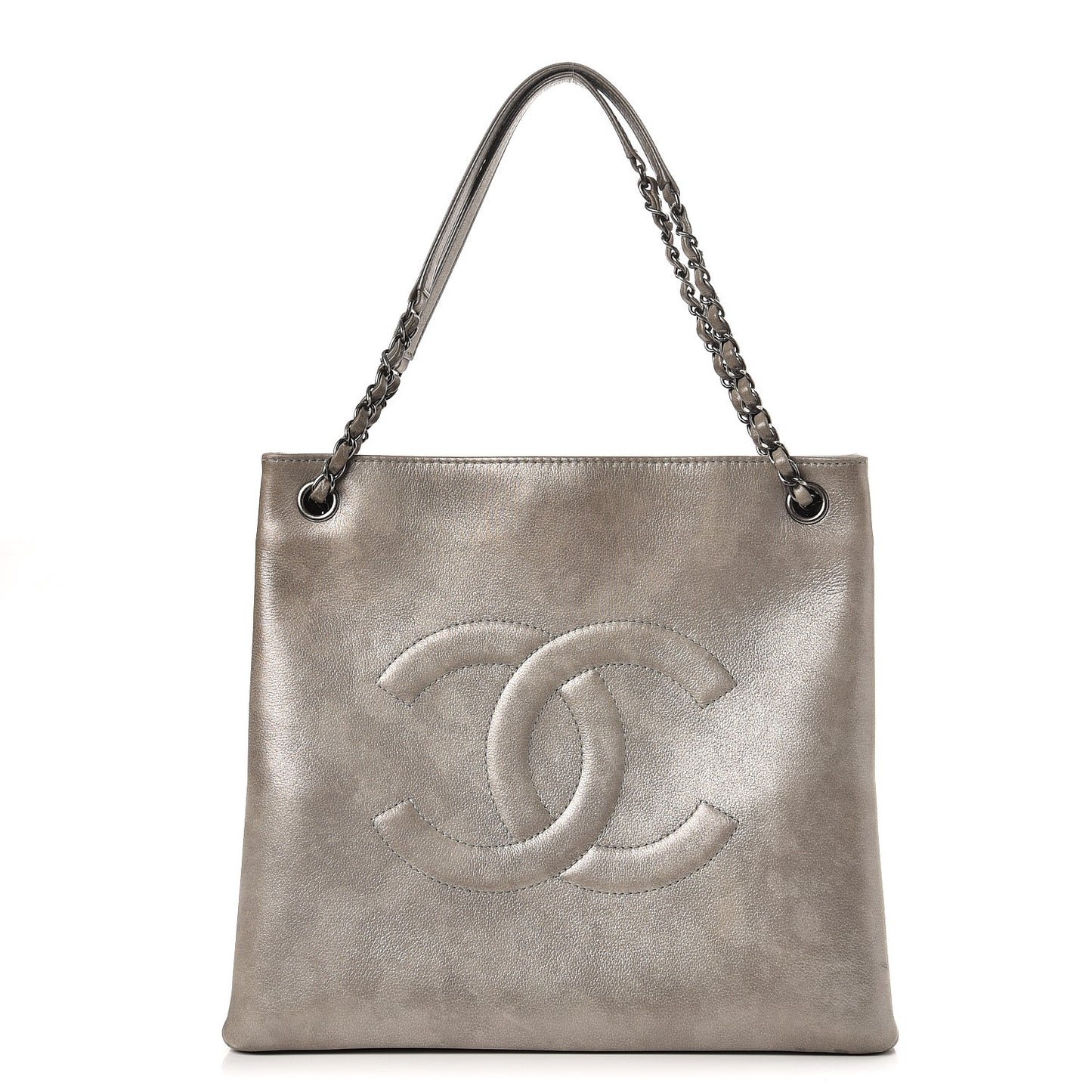 Iridescent Calfskin CC North South Large Shopping Tote Silver