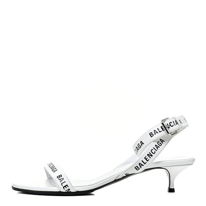 Balenciaga Smooth Calfskin Allover Logo Ankle Strap Kitten Heel Sandals 40.5 White Black 1 of 10