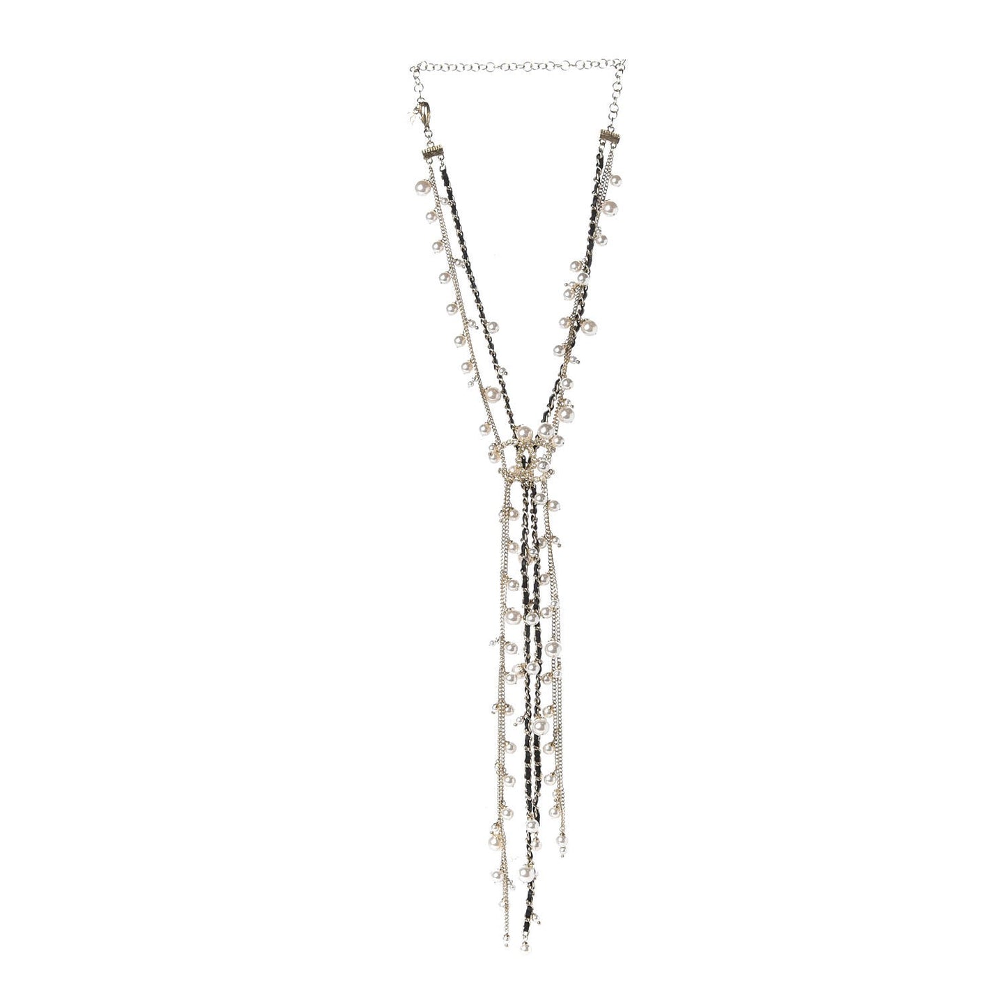 Lambskin Crystal Pearl Chain Necklace Black Gold
