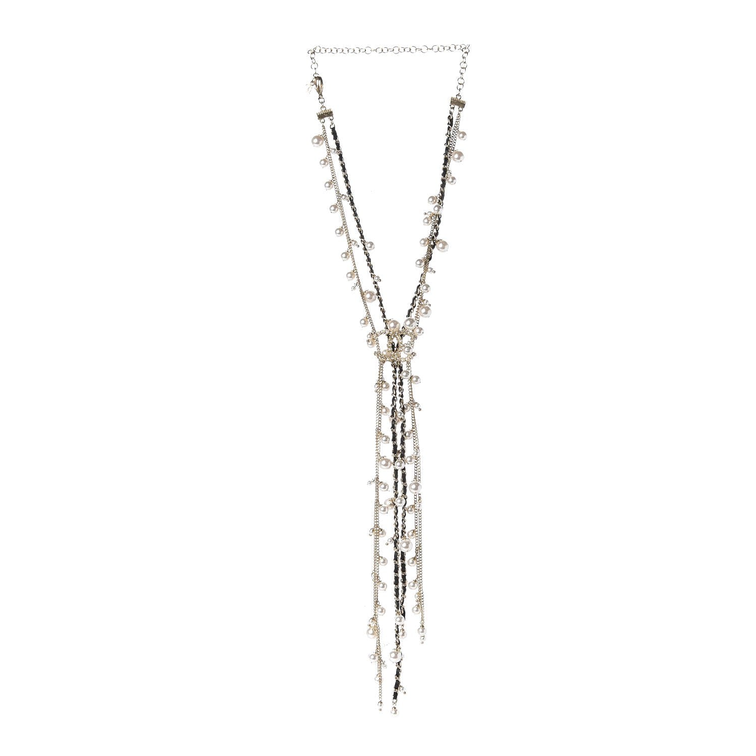 Chanel Lambskin Crystal Pearl Chain Necklace Black Gold 3 of 4