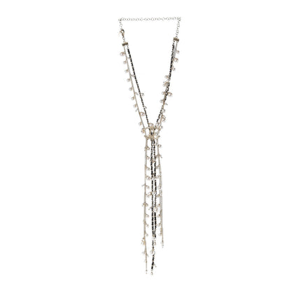 Chanel Lambskin Crystal Pearl Chain Necklace Black Gold 3 of 4