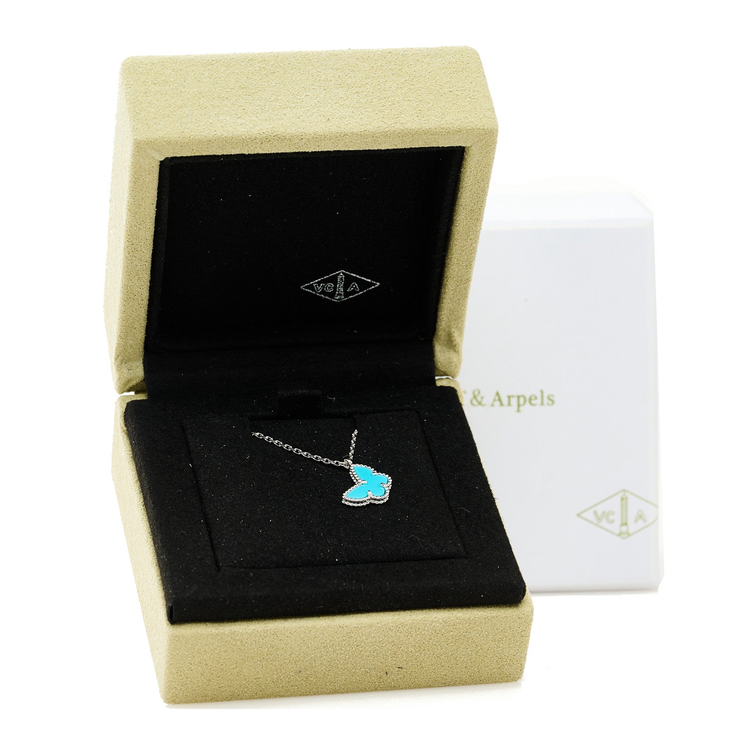 Van Cleef & Arpels 18K White Gold Turquoise Sweet Alhambra Butterfly Pendant Necklace 8 of 8