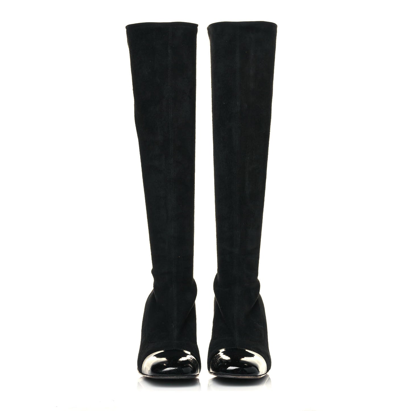 Suede Calfskin Patent CC Cap Toe Knee High Boots 39.5 Black