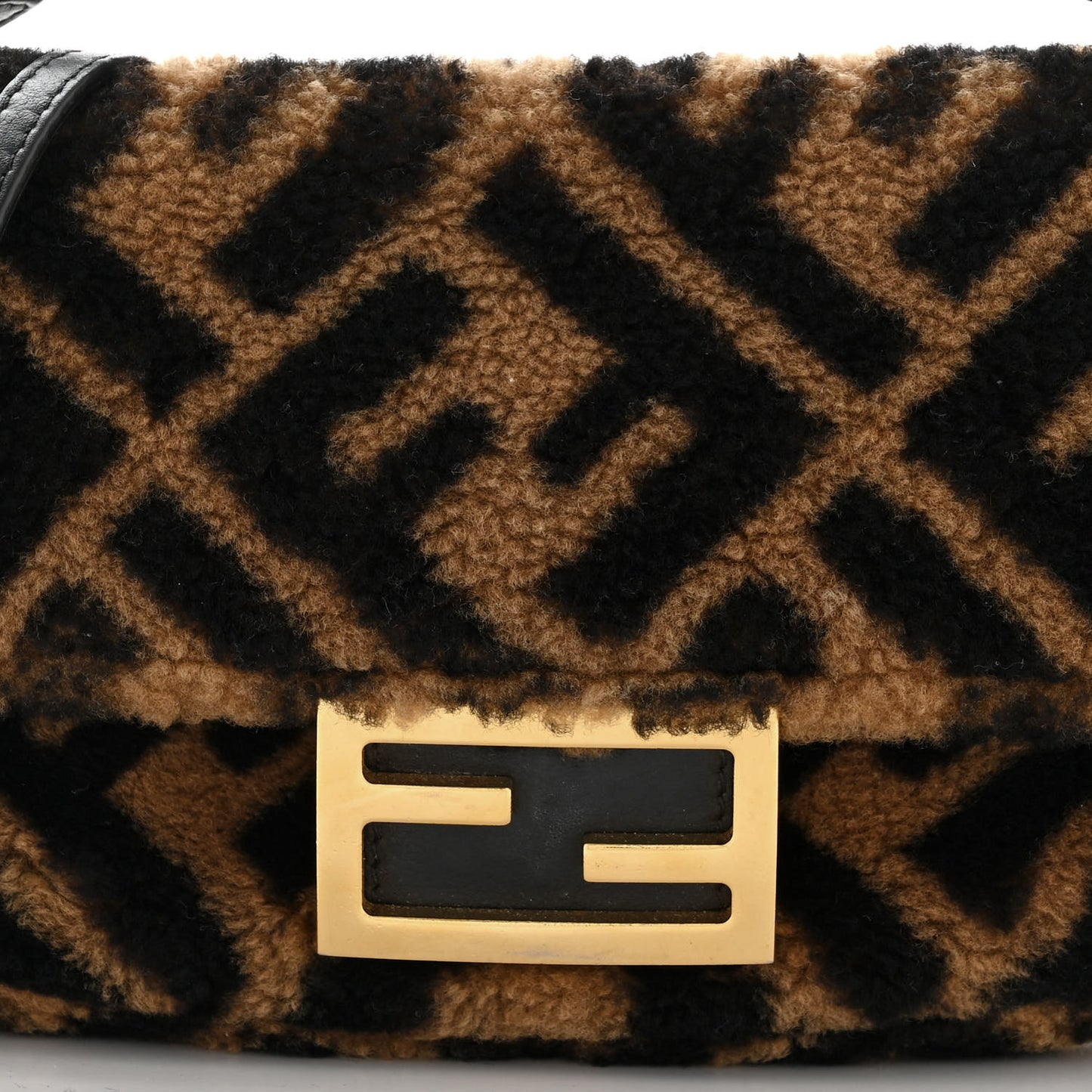 Shearling Vitello Dolce Macro FF 1974 Mini Baguette Tobacco Black