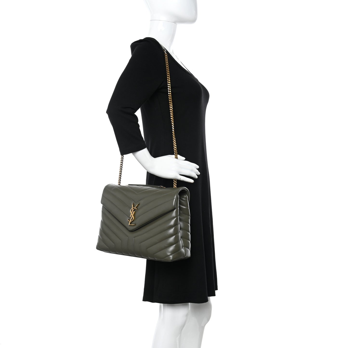 Calfskin Y Quilted Monogram Medium Loulou Chain Satchel Military Olive