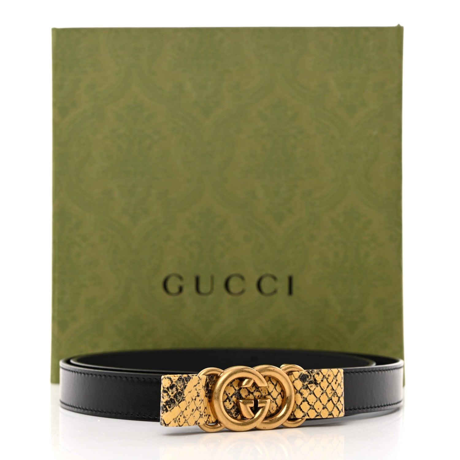Gucci Calfskin Snakeskin Interlocking G 20mm Belt 85 34 Black Explosive Yellow 2 of 6