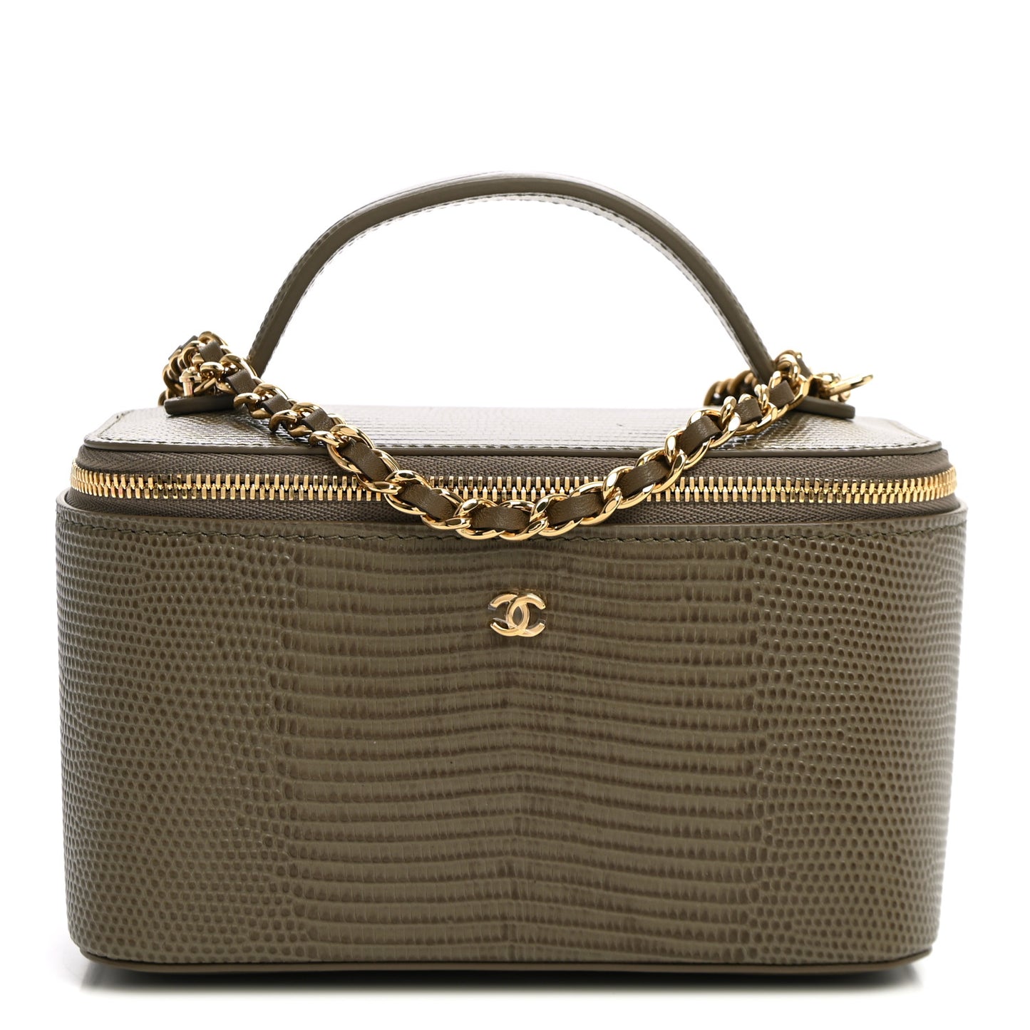 Calfskin Lizard Embossed Top Handle Slim Vanity With Chain  Dark Khaki