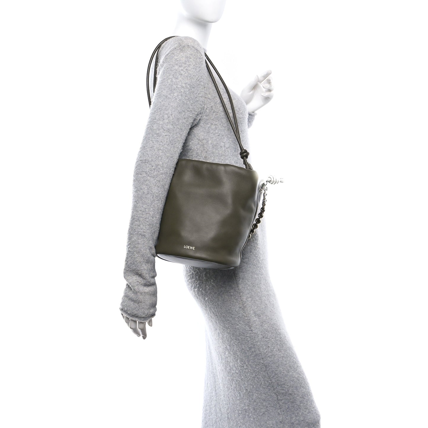Mellow Nappa Lambskin Flamenco Bucket Bag Dark Khaki Green