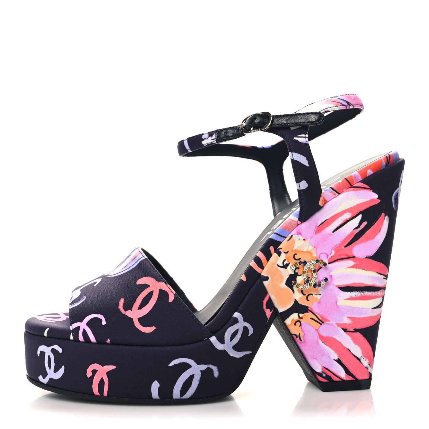 Fabric Printed Crystal Pearl CC Platform Pumps 39 Black Multicolor