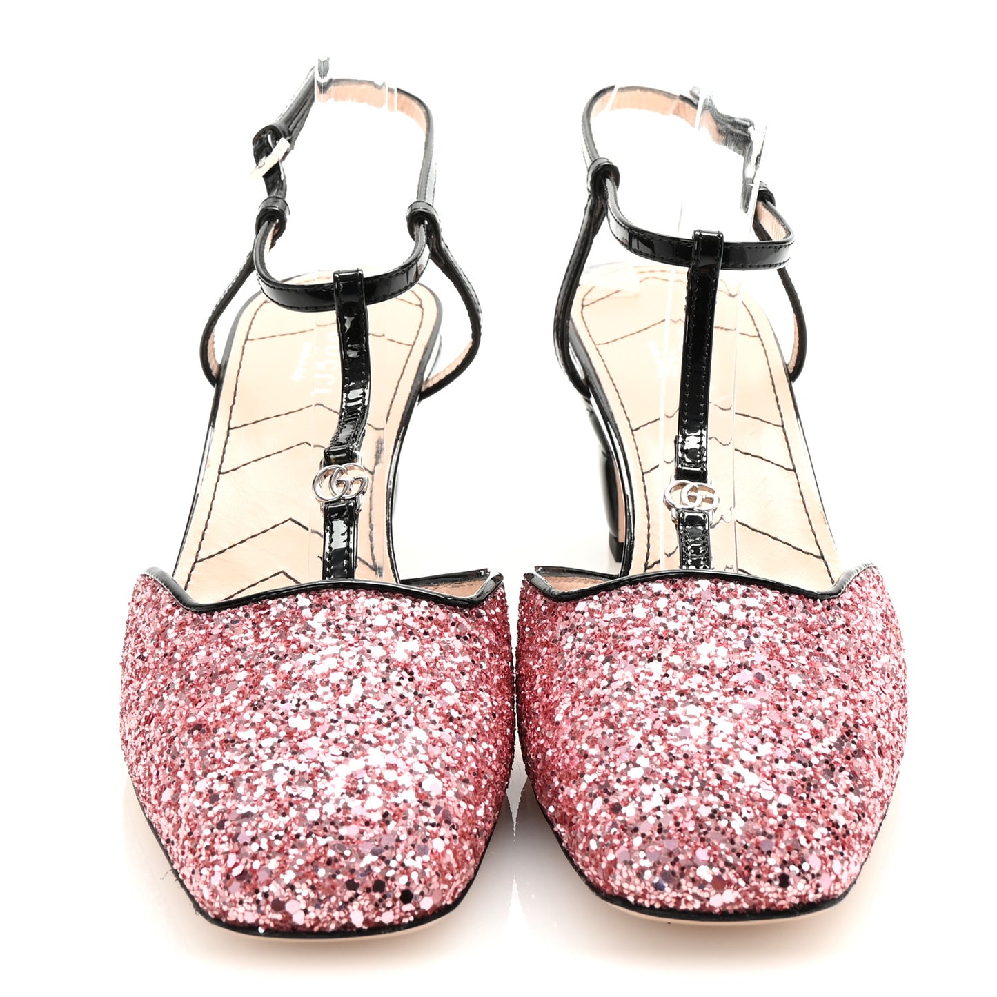 Calfskin Glitter Double G 55mm Slingback Pumps 38.5 Black Pink Glitter