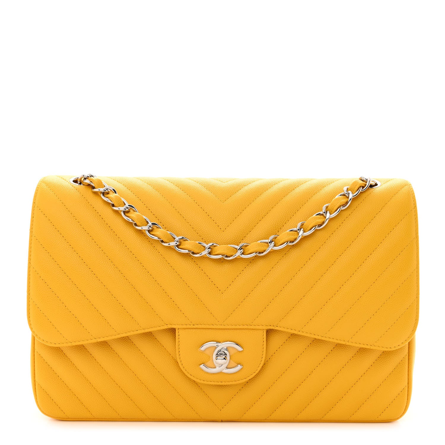 Chanel Caviar Chevron Quilted Jumbo Double Flap Yellow 1 of 11