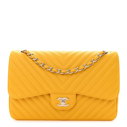 Chanel Caviar Chevron Quilted Jumbo Double Flap Yellow 1 of 11