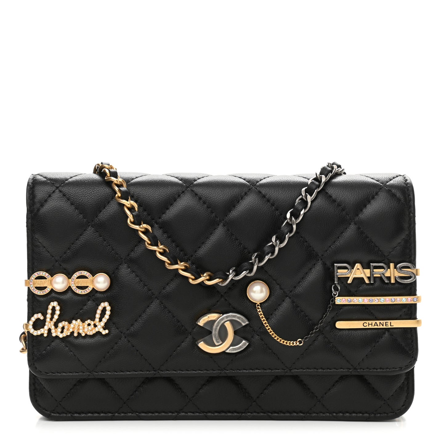 Lambskin Quilted Coco Clips Wallet On Chain WOC Black