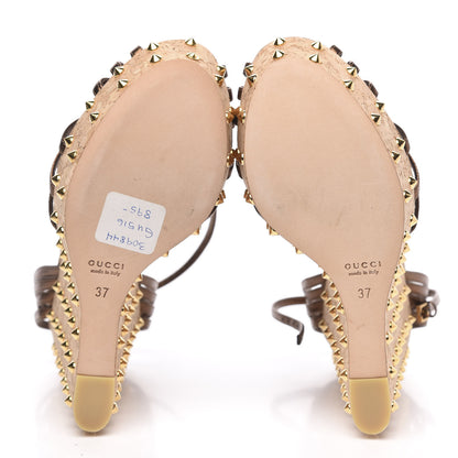 Gucci Metallic Calfskin Cork Stud Wedge Sandals 37 Brown 5 of 9