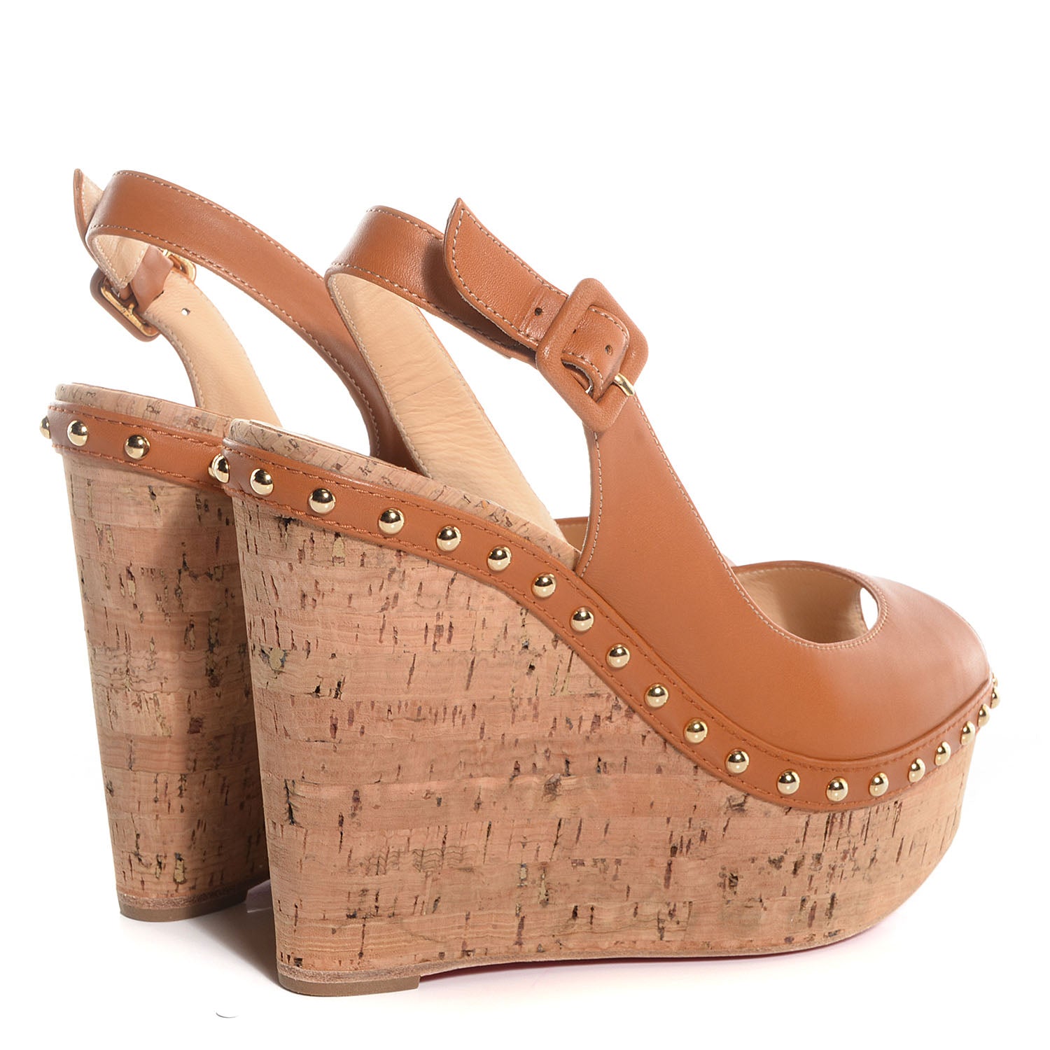 Christian Louboutin Calfskin Monico 100 Studded Cork Wedges 36.5 Fauve 4 of 7