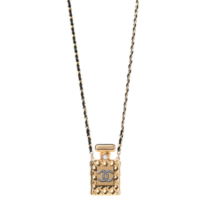 Chanel Crystal Pearl Perfume Bottle CC Necklace Black Gold 1 of 5