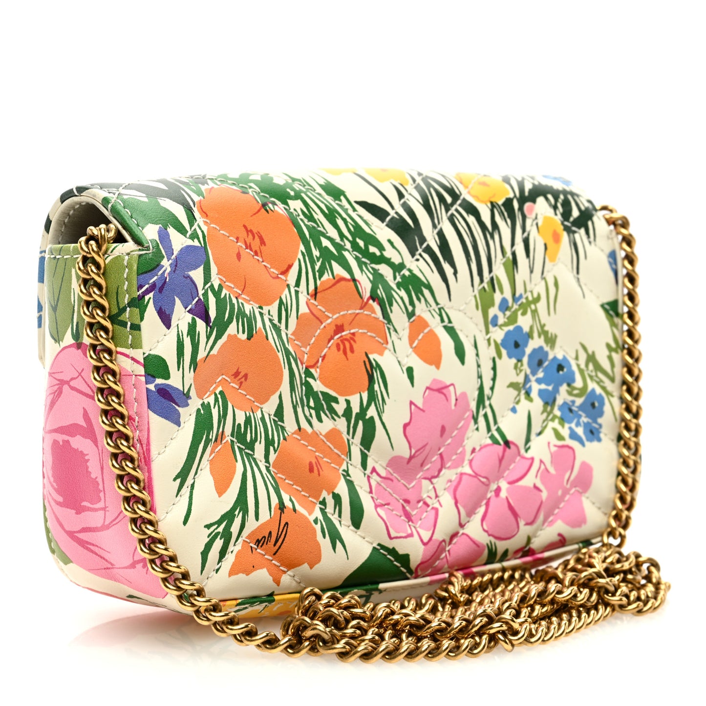 X KEN SCOTT Calfskin Matelasse Floral Print Super Mini GG Marmont Shoulder Bag Ivory Pink