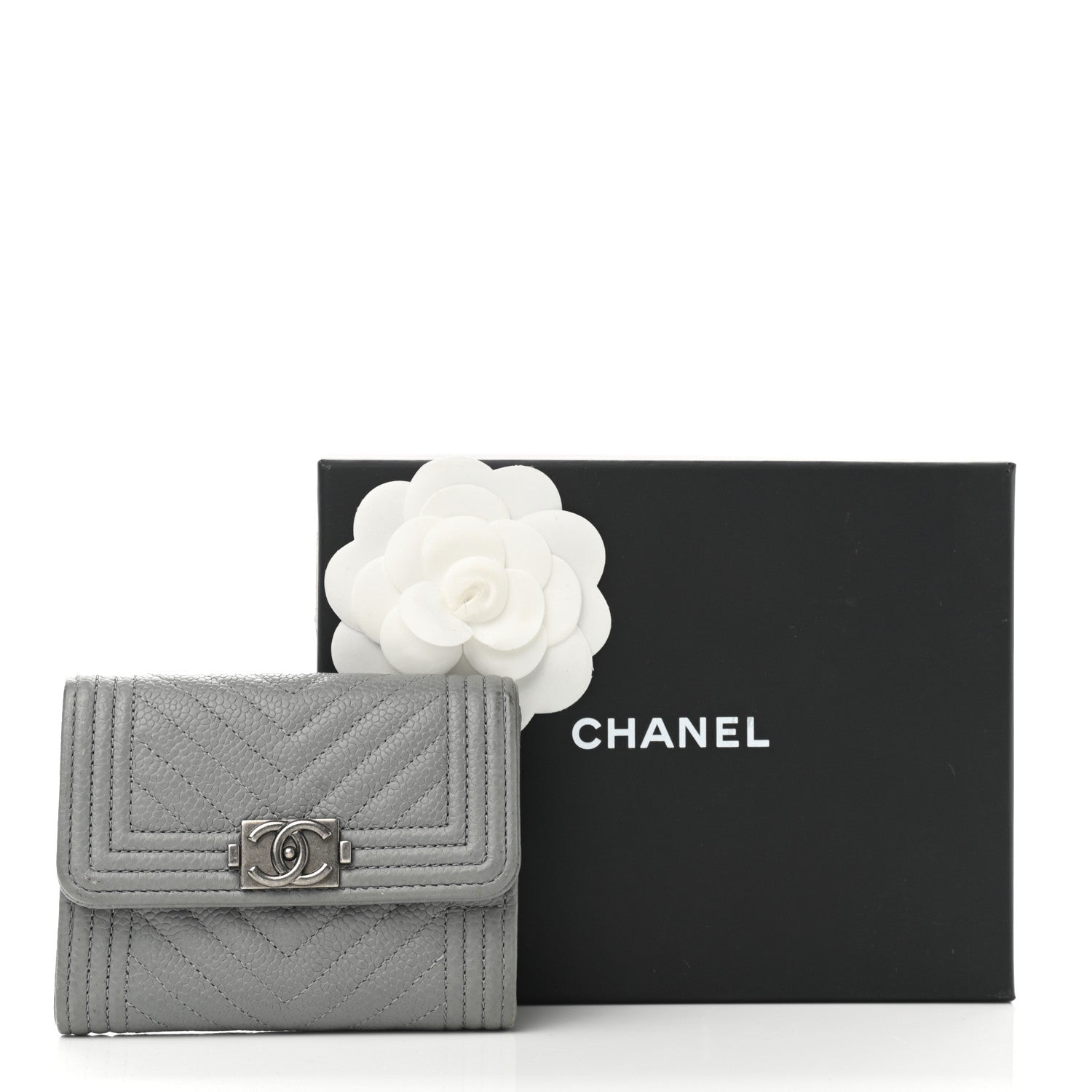 Chanel Caviar Chevron Quilted Boy Flap Card Holder Grey 9 of 9