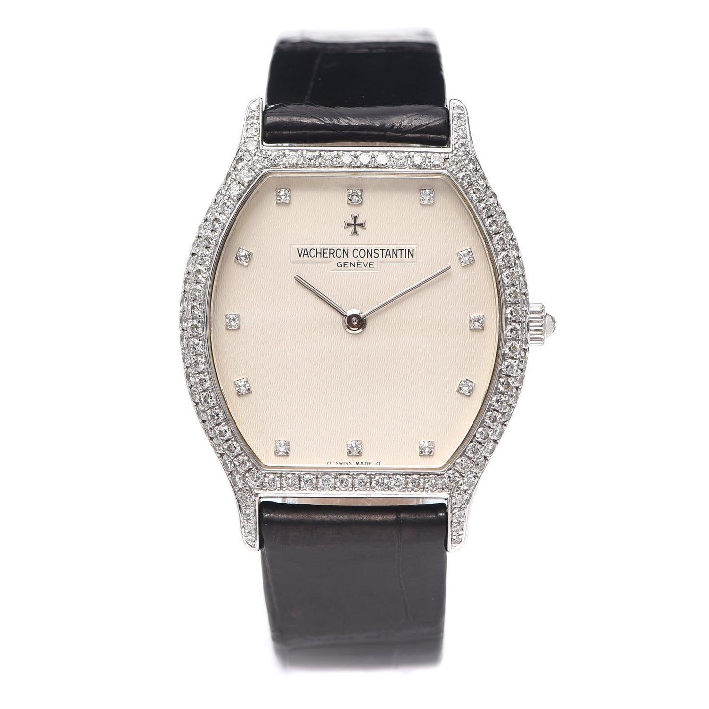 18K White Gold Alligator Diamond 32mm Tonneau Manual Winding Watch Beige 31150