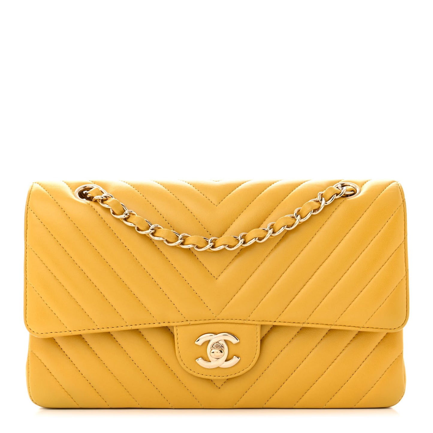 Lambskin Chevron Quilted Medium Double Flap Yellow
