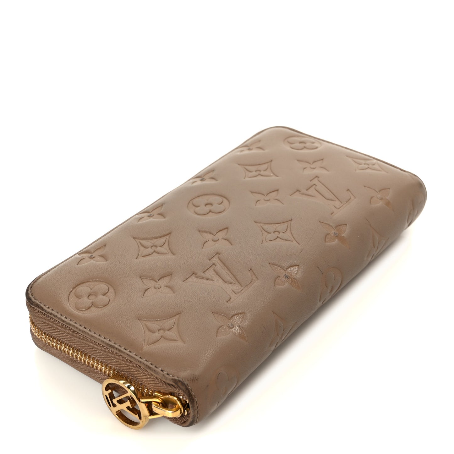 Lambskin Embossed Monogram Coussin Zippy Wallet Taupe